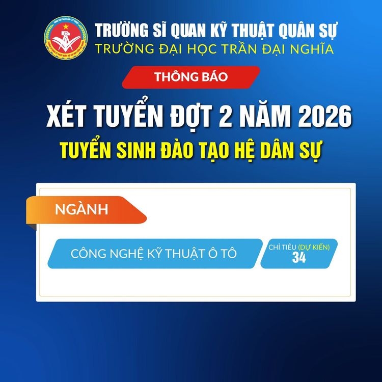 Trường Đại học Trần Đại Nghĩa thông báo xét tuyển đợt 2 Hệ dân sự trình độ đại học năm 2026