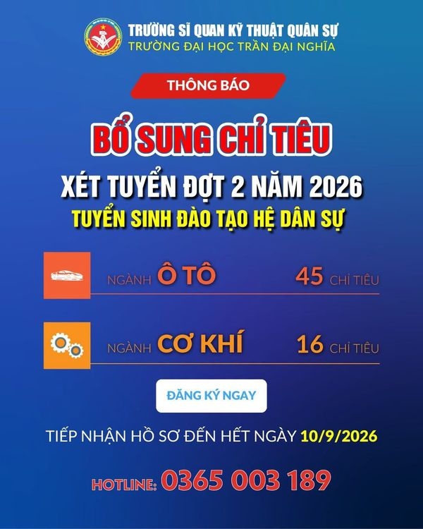 Trường Sĩ quan Kỹ thuật Quân sự (Trường ĐH Trần Đại Nghĩa) xét tuyển đợt 2 Đại học dân sự