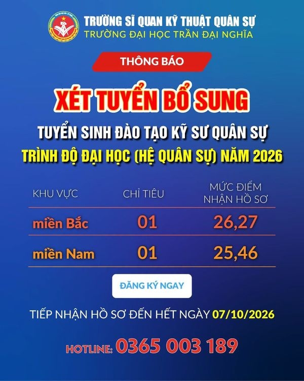 Thông báo về việc xét tuyển bổ sung tuyển sinh đào tạo Kỹ sư quân sự – trình độ đại học (hệ quân sự) năm 2026